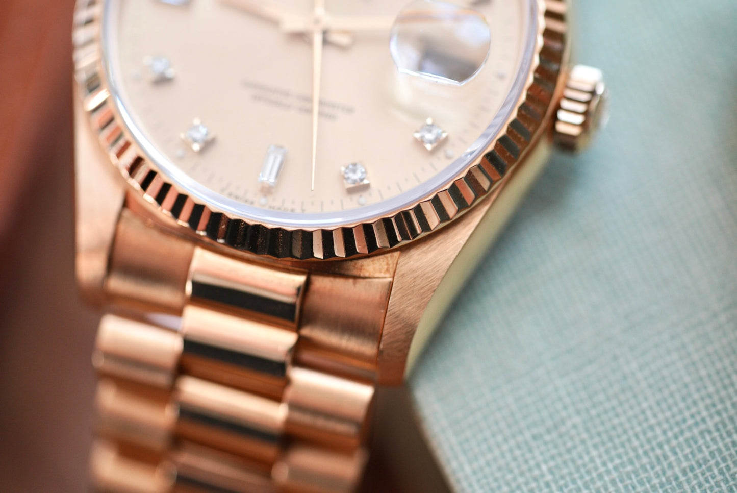 (18238) 1989 Rolex Day-Date 36mm Factory Champagne Diamond Dial