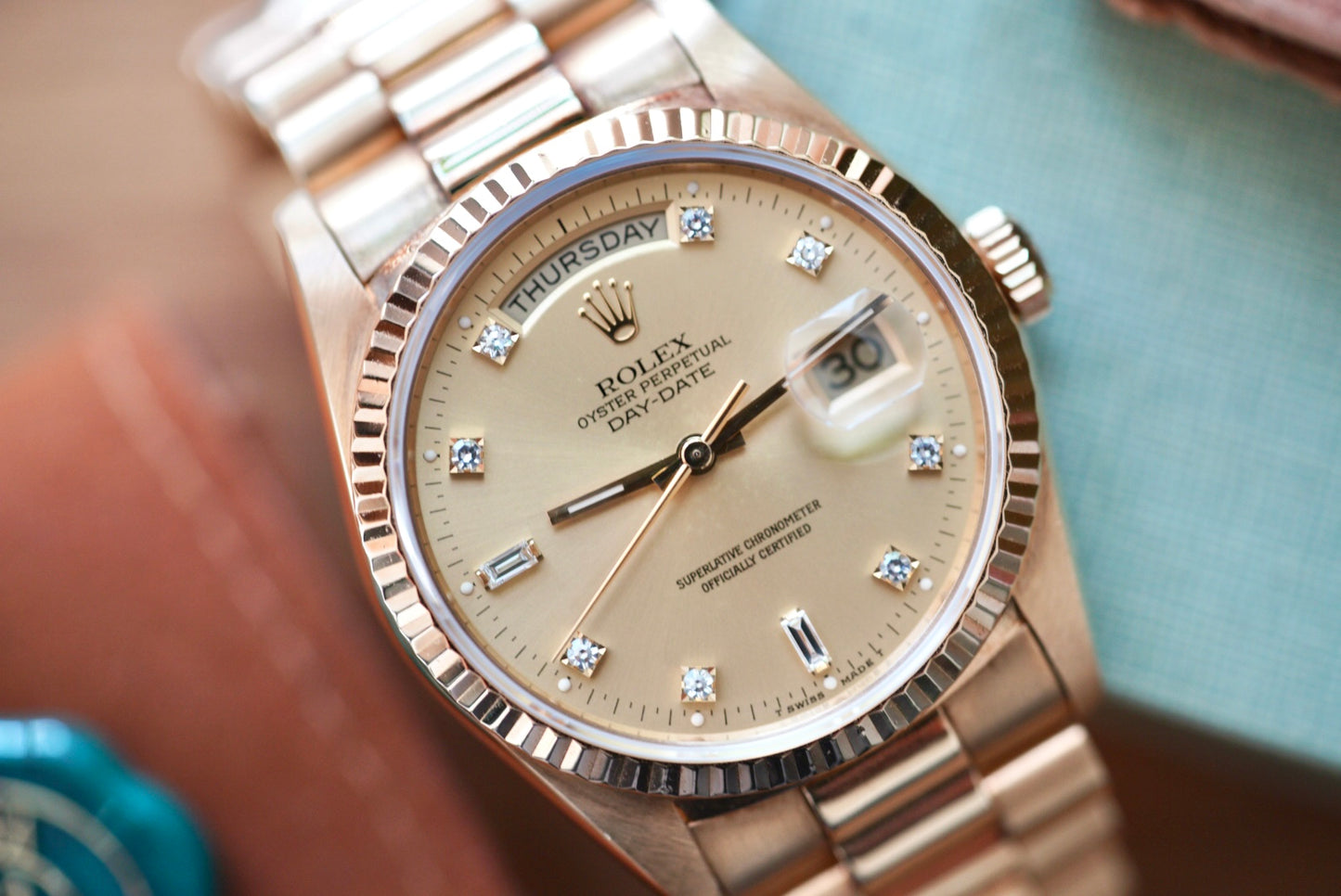 (18238) 1989 Rolex Day-Date 36mm Factory Champagne Diamond Dial