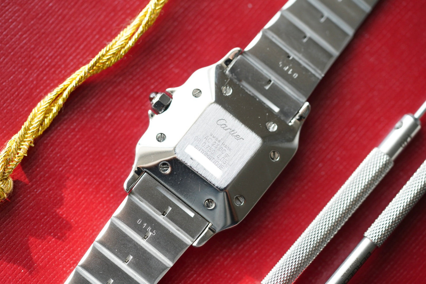 (2961) Cartier Santos Carrée Burgundy Strawberry Dial