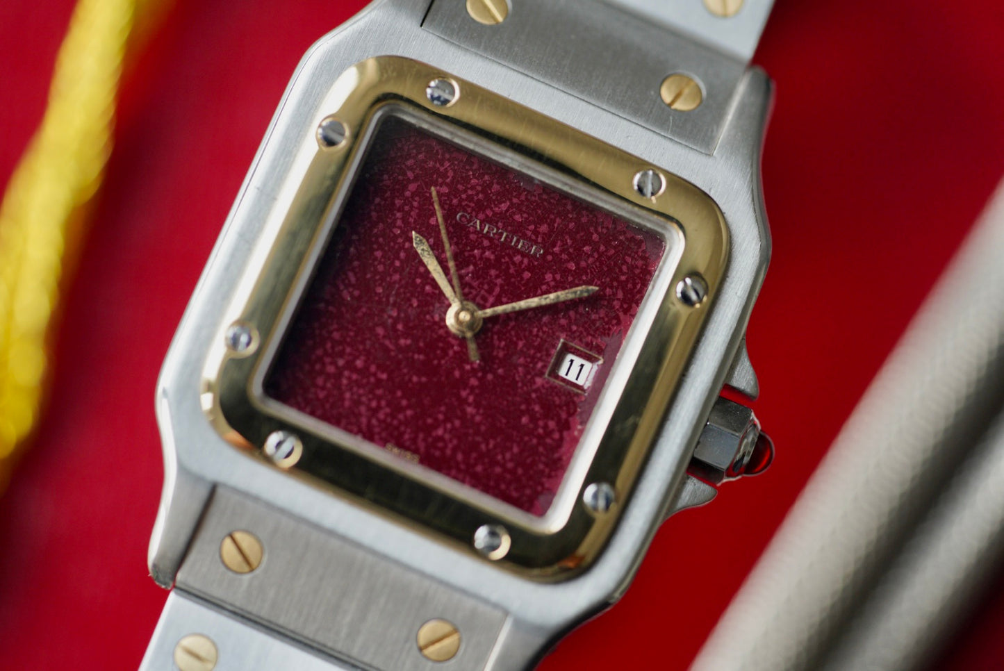(2961) Cartier Santos Carrée Burgundy Strawberry Dial