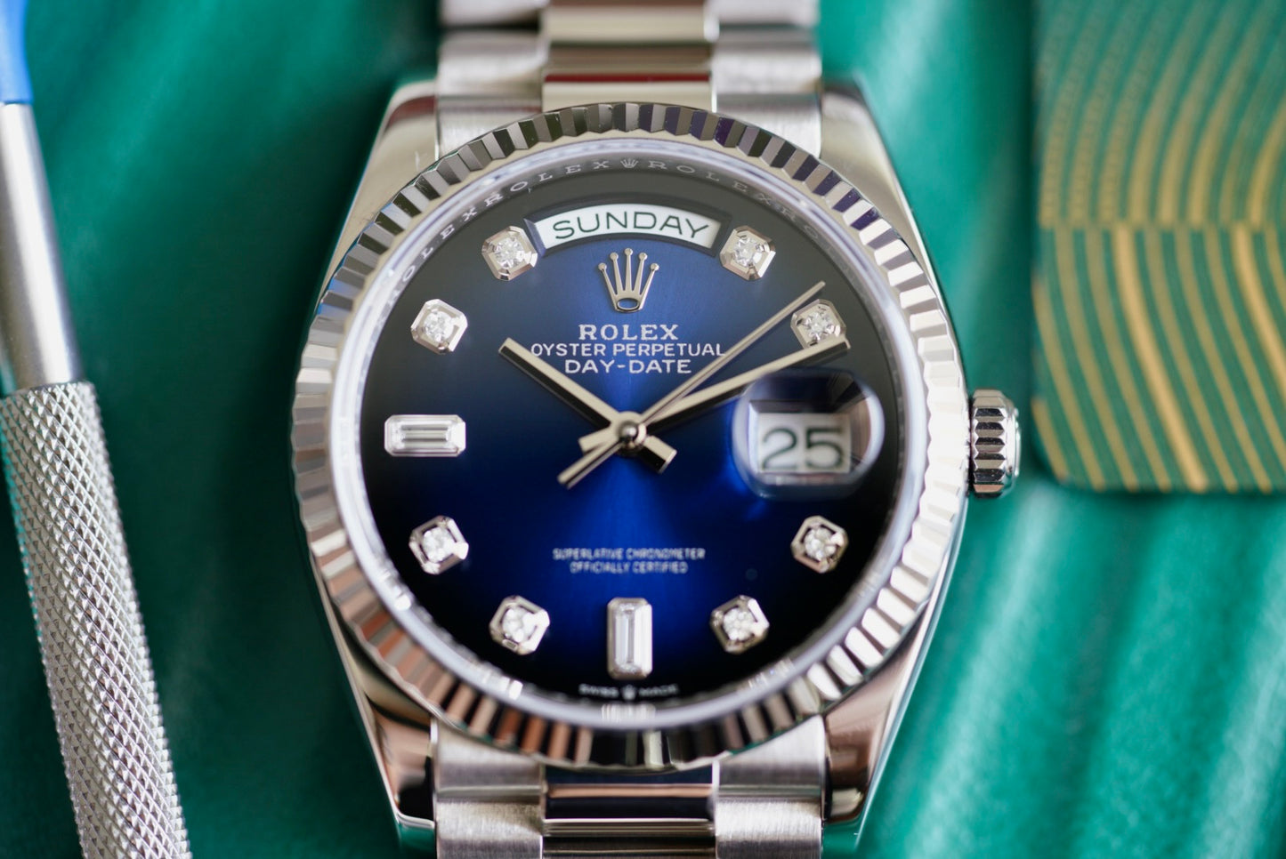 (128239) 2023 Rolex Day-Date Blue Ombrè Baguette Dial 36mm
