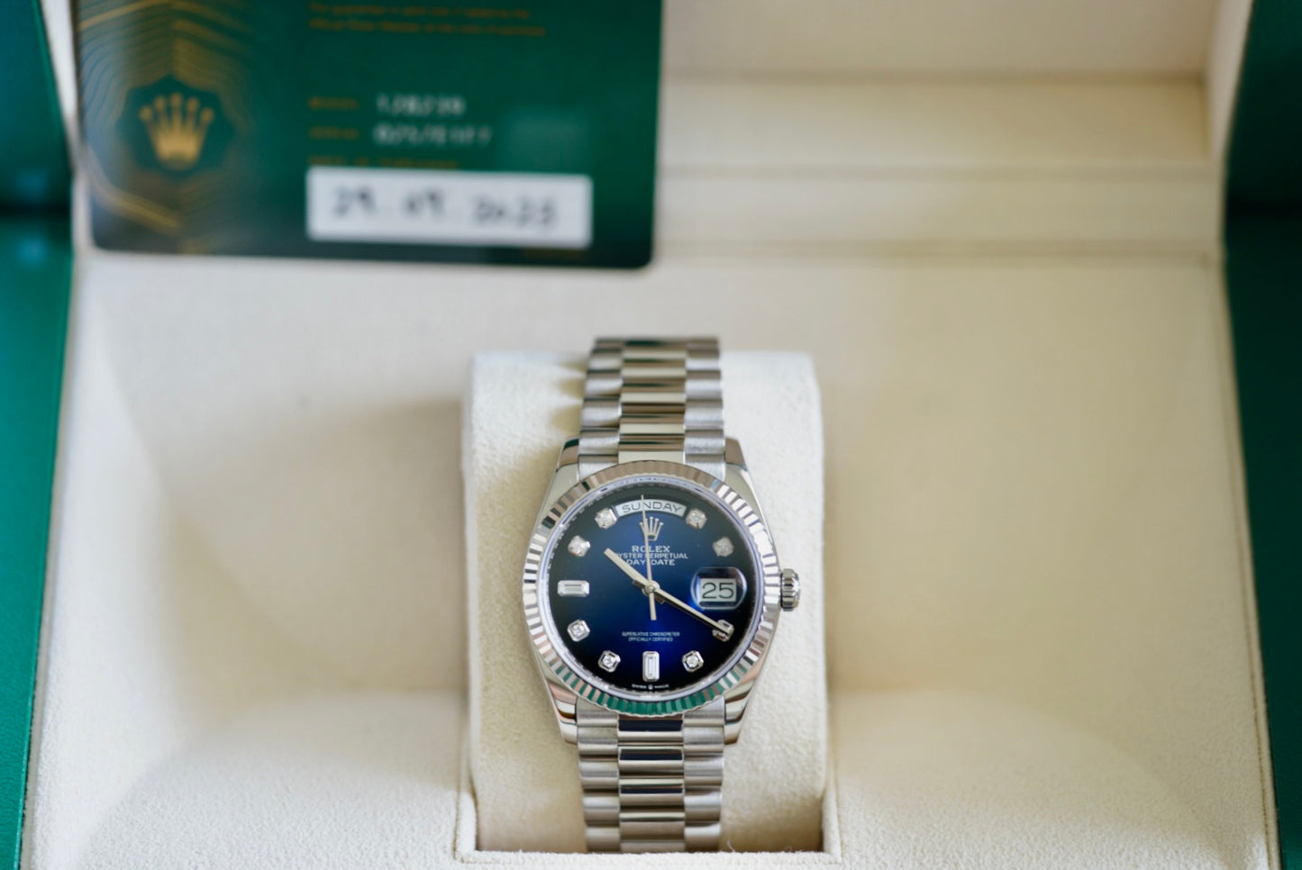 (128239) 2023 Rolex Day-Date Blue Ombrè Baguette Dial 36mm