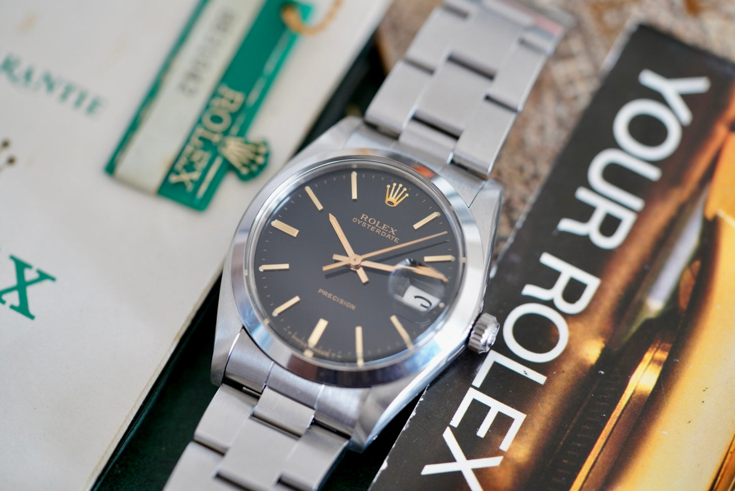 (6694) 1985 Rolex Oysterdate 34mm Black Dial Gold Markers