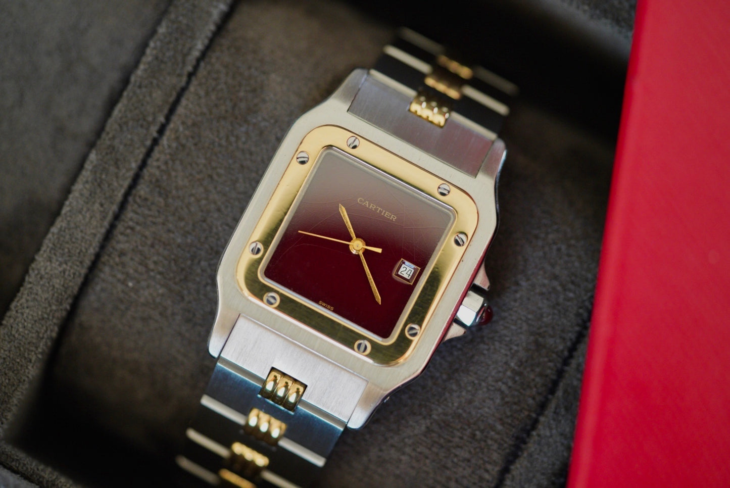 (2961) Cartier Santos Carrée Burgundy Godron
