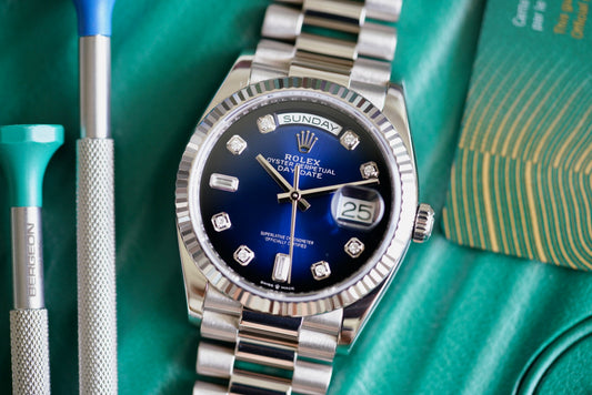 (128239) 2023 Rolex Day-Date Blue Ombrè Baguette Dial 36mm
