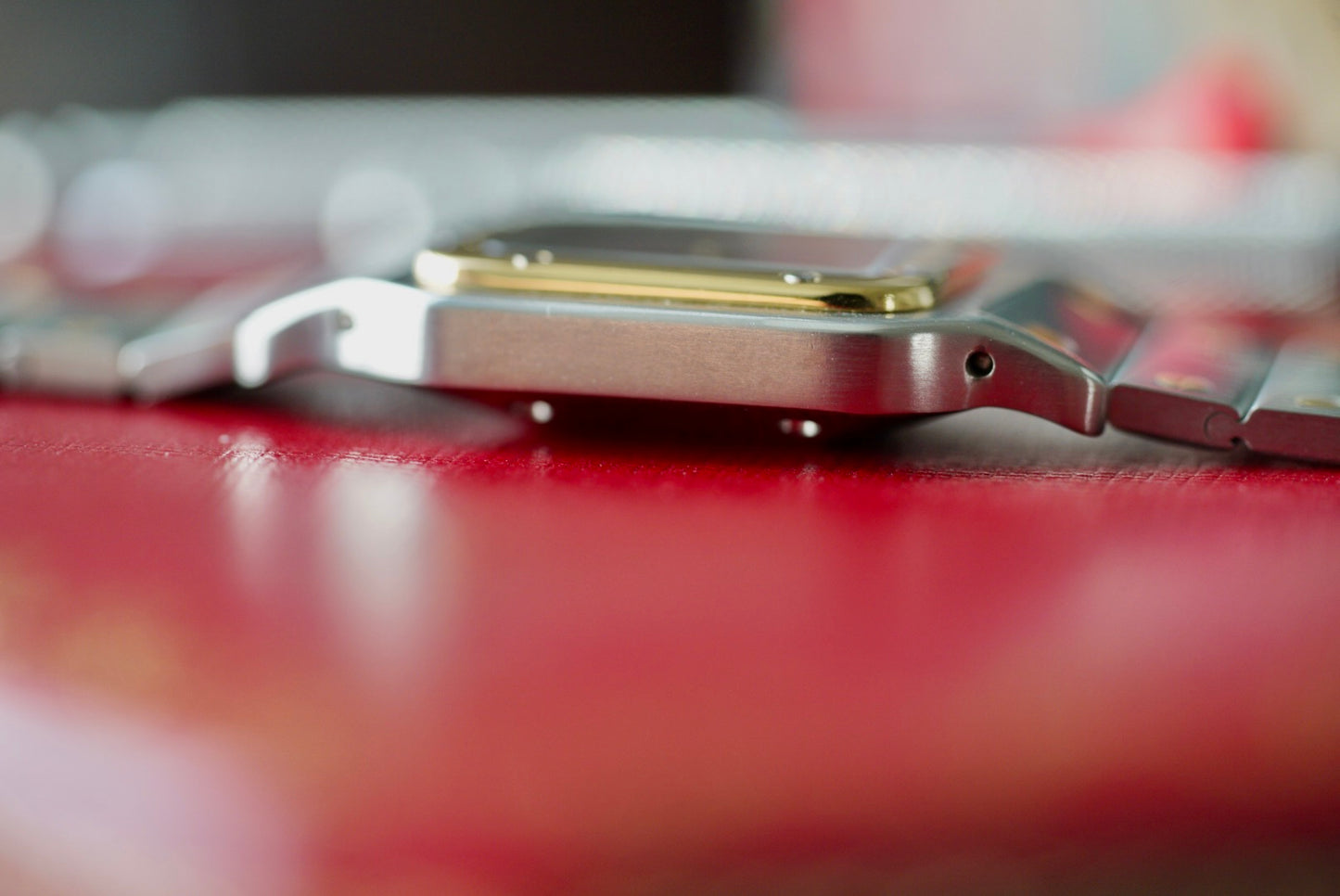 (2961) Cartier Santos Carrée Burgundy Strawberry Dial