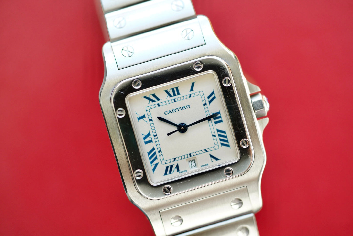 (1564) Cartier Santos Galbée Quartz Cream/Blue Roman Numeral Dial