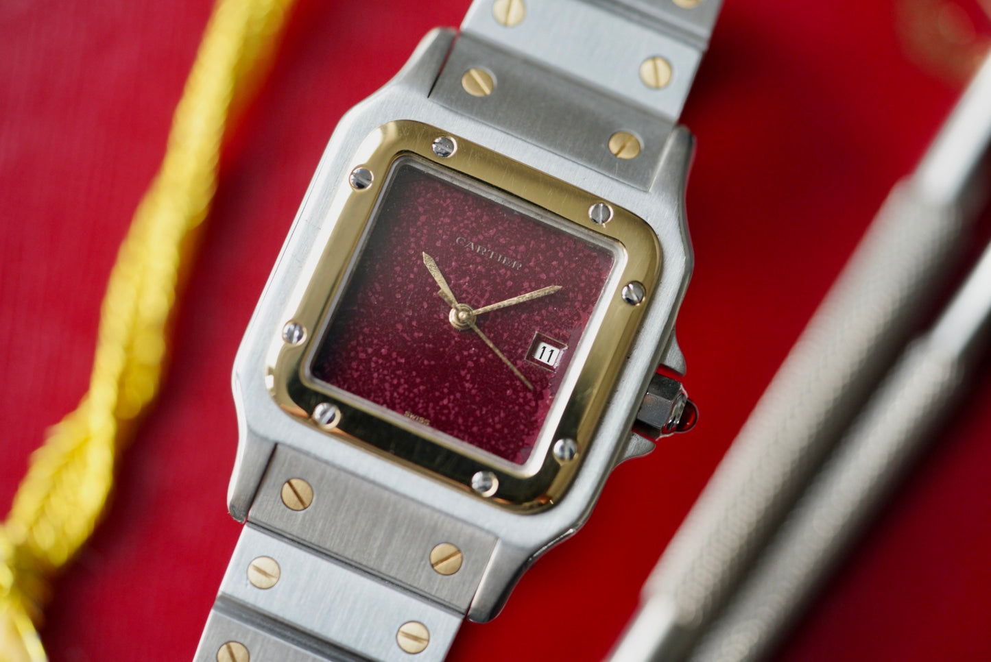 (2961) Cartier Santos Carrée Burgundy Strawberry Dial