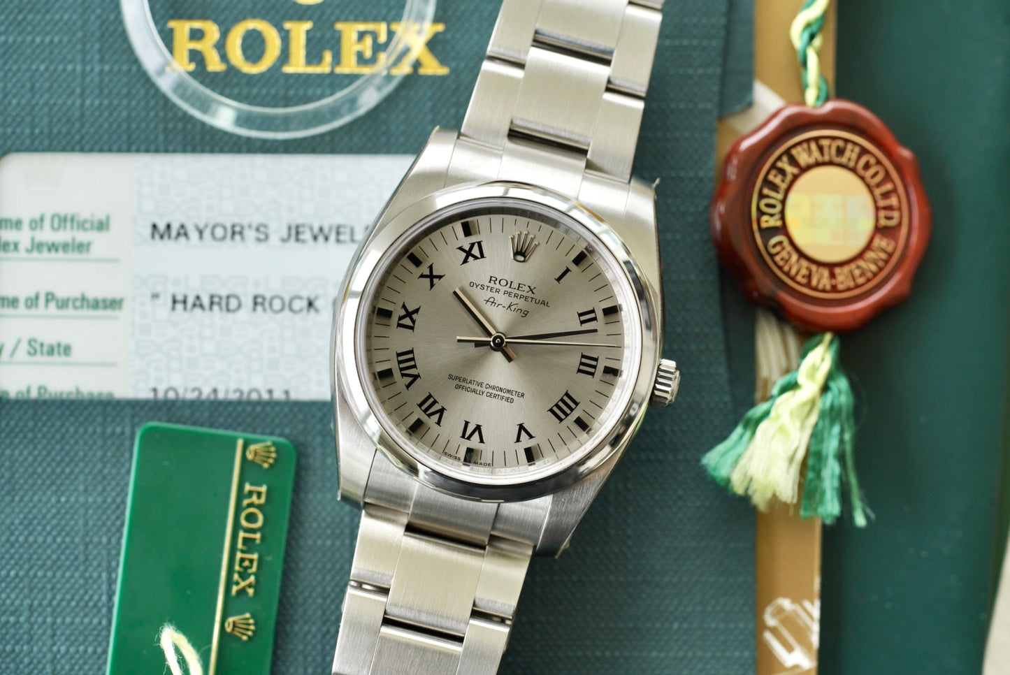 (114200) NOS 2011 Rolex Air-King 34mm ‘Hard Rock Cafe 10 Year Anniversary’ Caseback Engraving