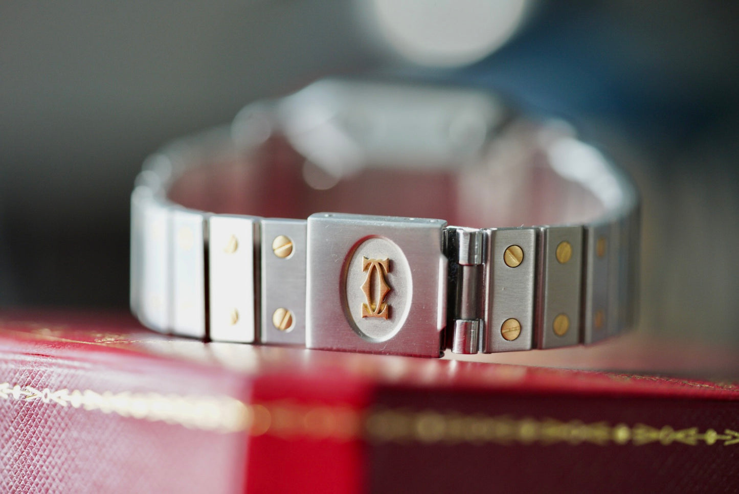 (2961) Cartier Santos Carrée Burgundy Strawberry Dial