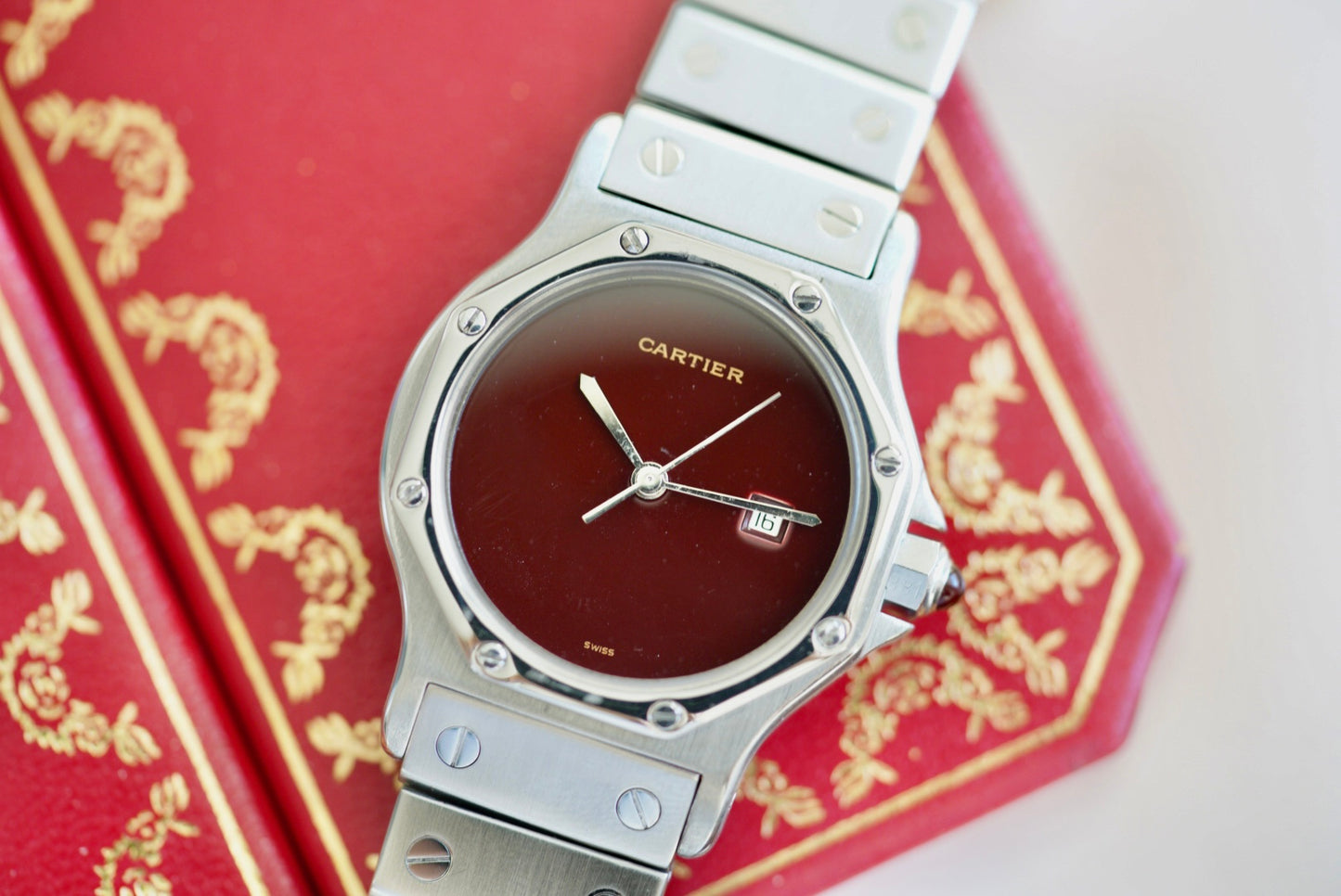 (2965) Cartier Santos Octagon 30mm Burgundy Dial Automatic