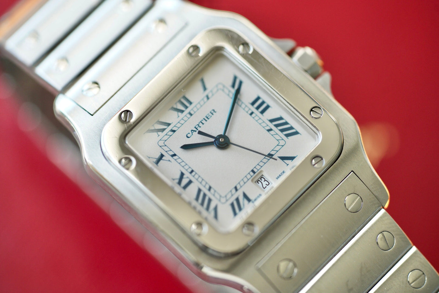 (1564) Cartier Santos Galbée Quartz Cream/Blue Roman Numeral Dial